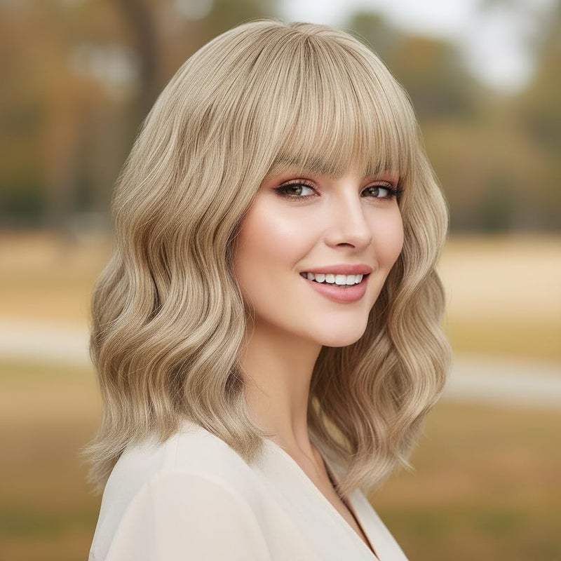 AGO Mixed Blonde Bob Wavy Wigs with Bangs Short Grey Blonde Bob Wig Loose Wave Synthetic Hair Heat Resistant Fiber Synthetic Wig for Daily Party Halloween Cosplay UseMixed Blonde - Image 2