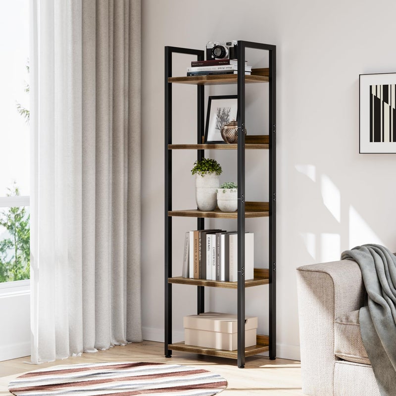 NUMENN Narrow Bookshelf, 5 Tier Bookshelves, Home Office Bookcase Shelf Storage Organizer, Free Standing Storage Shelving Unit for Bedroom, Living Room and Home Office, Dark Walnut - Image 5