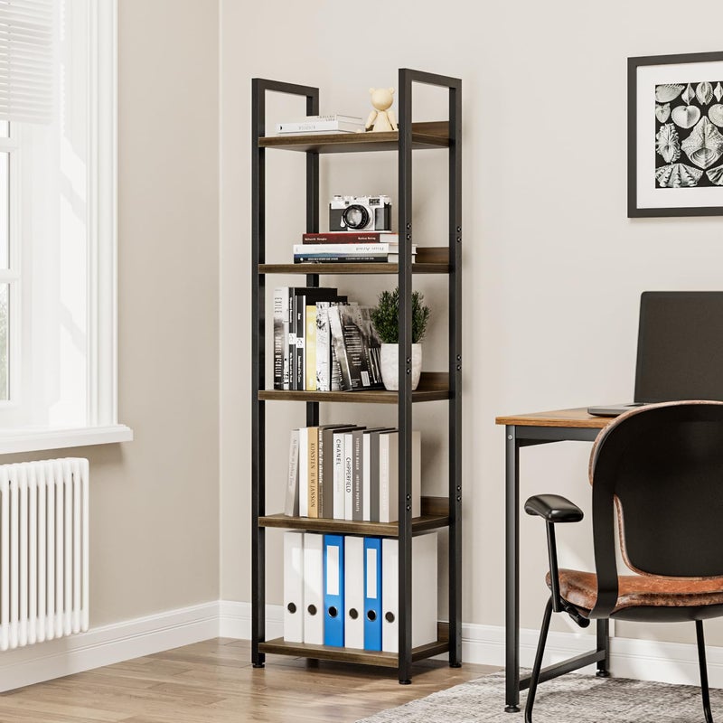 NUMENN Narrow Bookshelf, 5 Tier Bookshelves, Home Office Bookcase Shelf Storage Organizer, Free Standing Storage Shelving Unit for Bedroom, Living Room and Home Office, Dark Walnut - Image 3