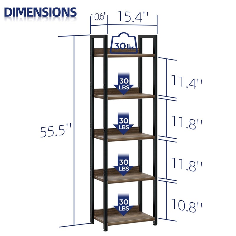 NUMENN Narrow Bookshelf, 5 Tier Bookshelves, Home Office Bookcase Shelf Storage Organizer, Free Standing Storage Shelving Unit for Bedroom, Living Room and Home Office, Dark Walnut - Image 2