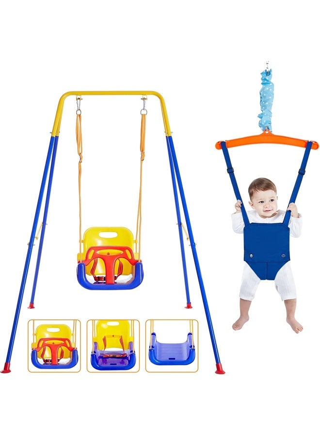 L&E 2 in 1 Swing Set for Toddler & Baby Jumper, Heavy Duty Kids Swing & Bouncer, Foldable Metal Stand for Indoor/Outdoor Play, Easy to Assemble and Store - Image 1