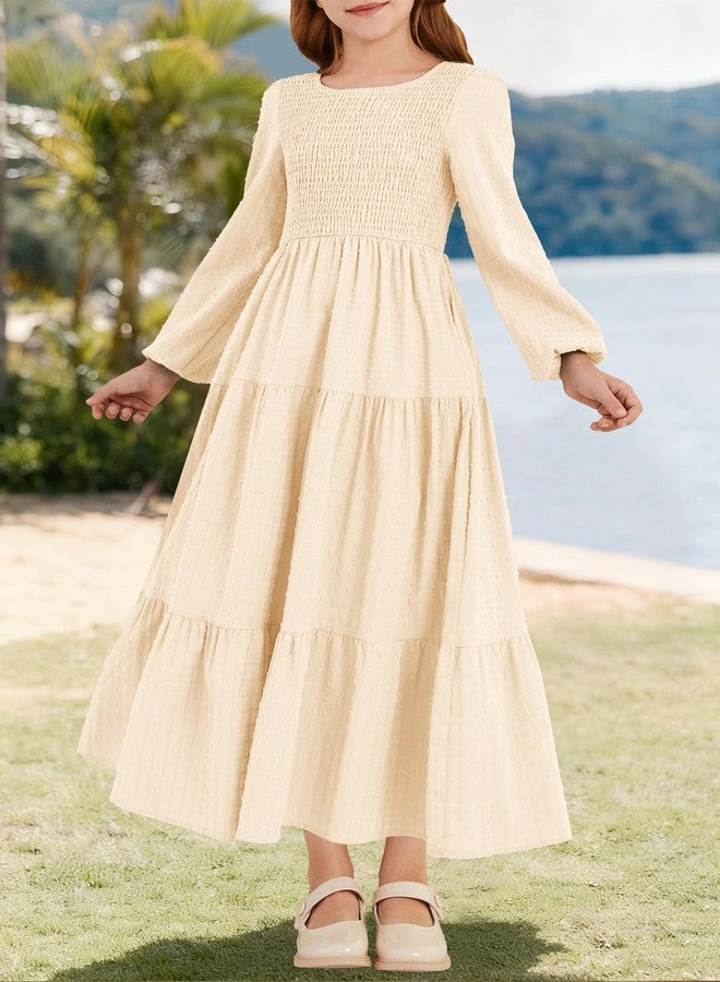 HOSIKA Tween Girls Fall Puff Long Sleeve Smocked Swiss Dot Tiered A-line Flowy Maxi Dress with Pockets 6-12 Years, Apricot, 6 Years - Image 2