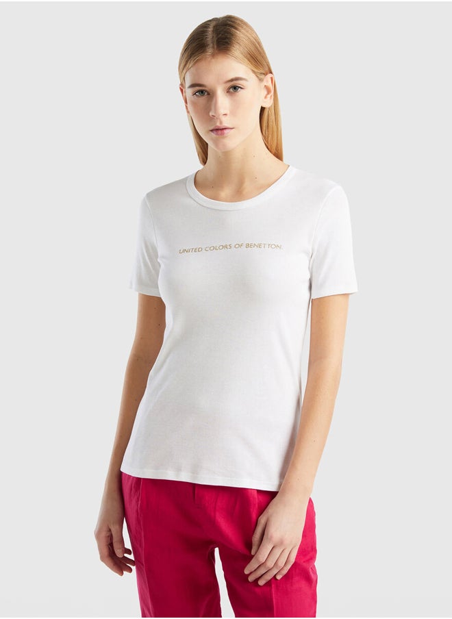 Benetton - Glitter Print Logo Short Sleeve T-shirt - Image 1