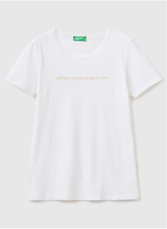 Benetton - Glitter Print Logo Short Sleeve T-shirt - Image 1