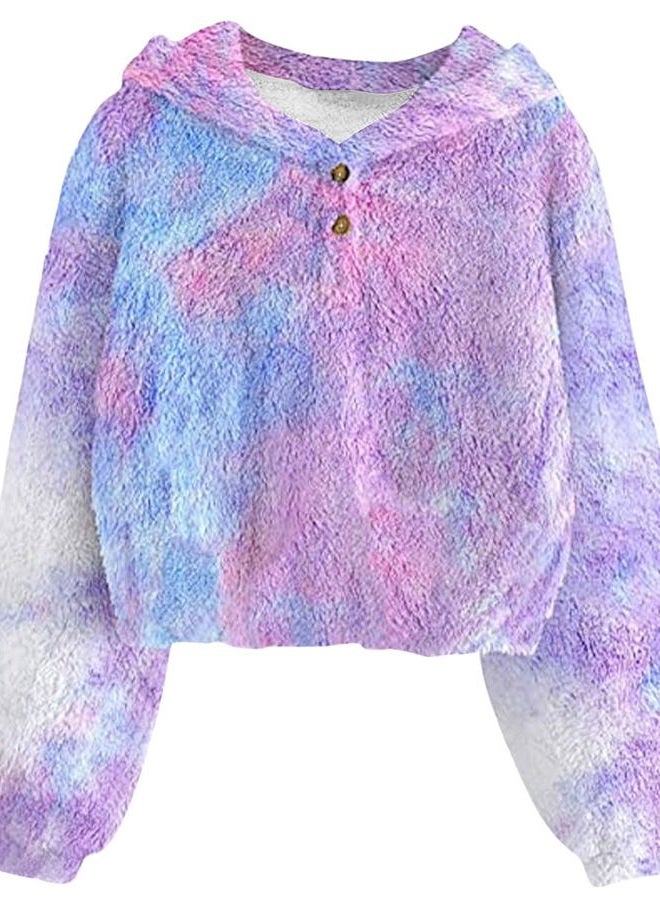 TUONROAD Girl's Fuzzy Hoodies Warm Loose Button Pullover Oversized Sherpa Jacket Coat, A Purple Pink, 12-13 years - Image 1