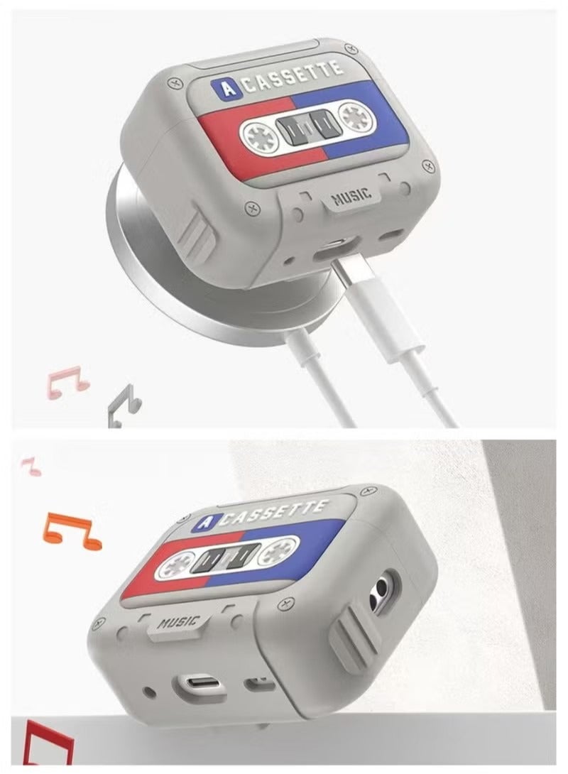 حافظة واقية من السيليكون مع خطاف لسماعات Airpods Pro/Pro2، شريط كاسيت، لطيفة، مضحكة، رمادية، هدية - Image 3