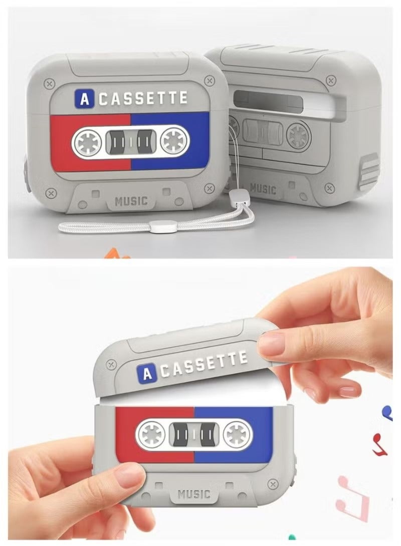 حافظة واقية من السيليكون مع خطاف لسماعات Airpods Pro/Pro2، شريط كاسيت، لطيفة، مضحكة، رمادية، هدية - Image 2