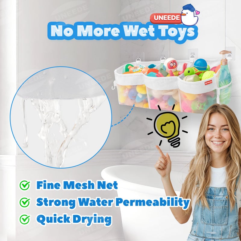 UNEEDE 3 Compartment Horizontal Bath Toy Storage 4.95 Gallons Bathtub Toy Storage Organizer Bath Toy Holder For Bathtub Baby Organizer And Storage Bath Toy Organizer For Tub Mesh Shower Caddy - Image 4