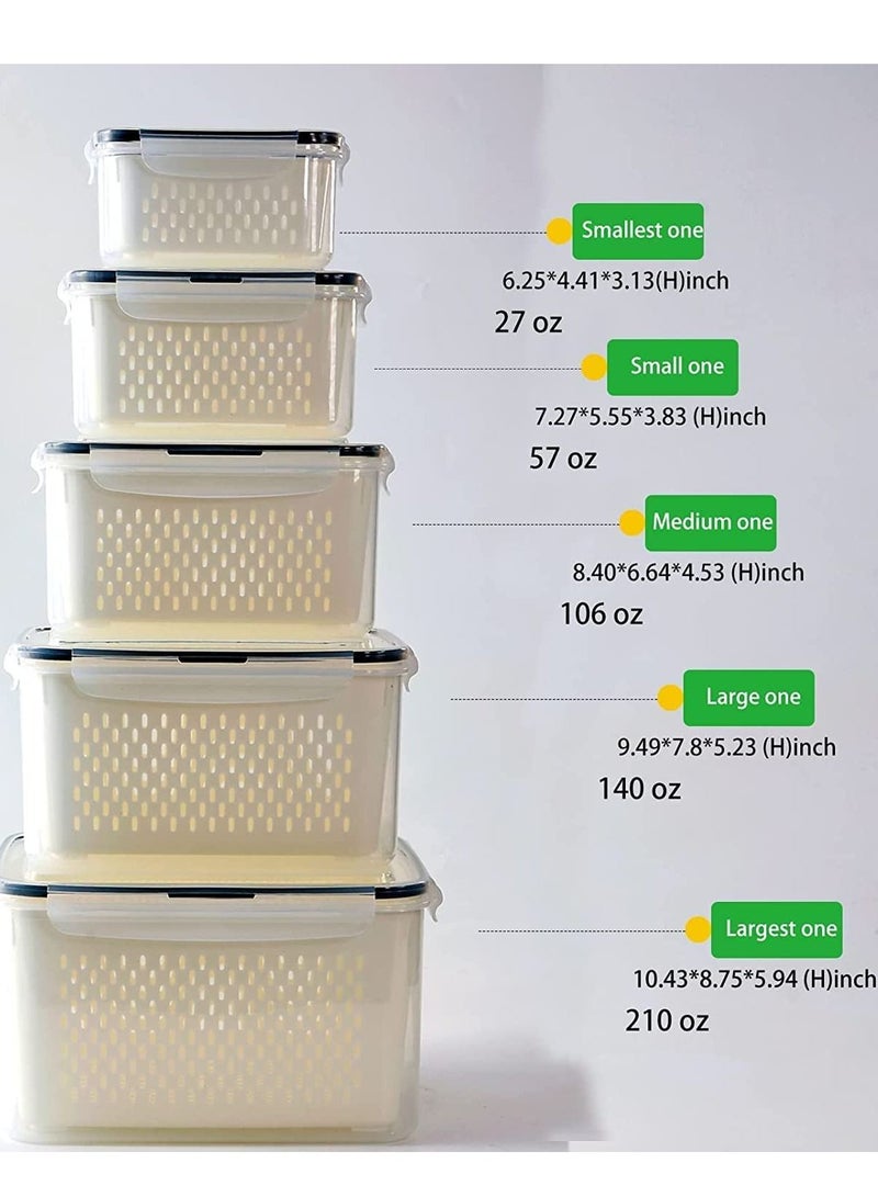 TYCOM 5 Piece Fruit Storage Containers for Fridge with Strainer Produce Containers for Fridge Lettuce Keeper White Not Dishwasher Safe BPA Free - Image 2