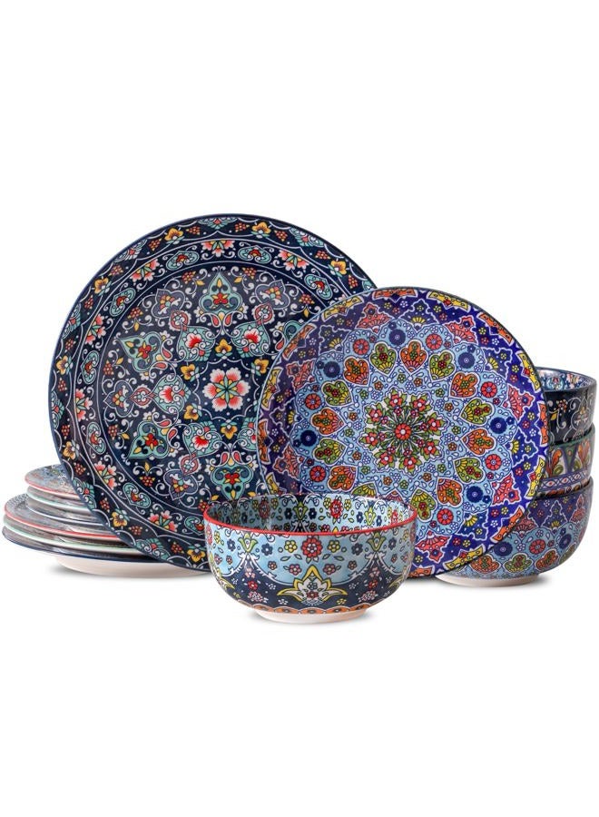 glowworm Bohemian Dinnerware Sets, Ceramic Dishes Set for 4, 12 Pieces Plates and Bowls Set, Oven, Microwave & Dishwasher Safe, Scratch Resistant - Image 1