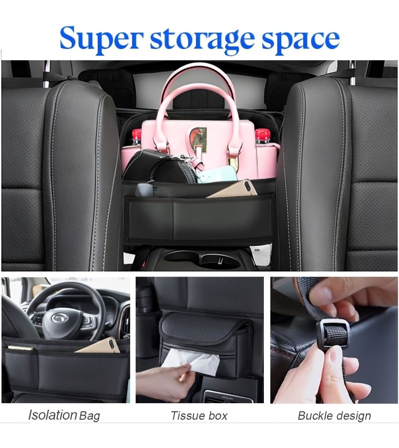 Black H707A Multi Functional Car Seat Back Organizer Foldable Washable Central Console Storage Bag With Cup Holder And Tissue Box Universal Auto Interior Additions For Most Cars - Image 3