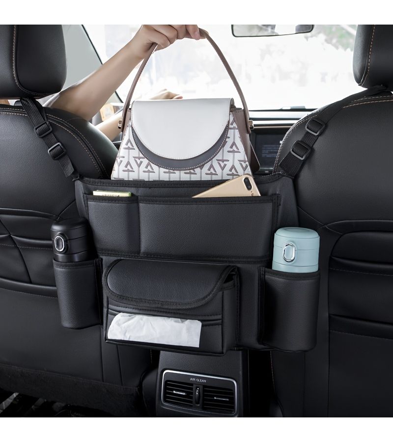 Black H707A Multi Functional Car Seat Back Organizer Foldable Washable Central Console Storage Bag With Cup Holder And Tissue Box Universal Auto Interior Additions For Most Cars - Image 1