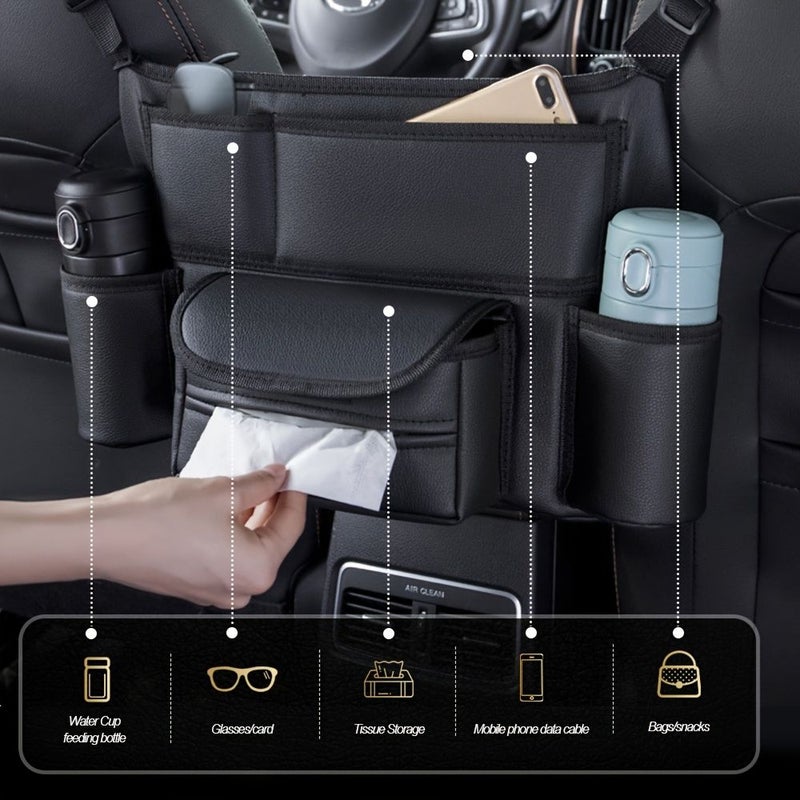 Black H707A Multi Functional Car Seat Back Organizer Foldable Washable Central Console Storage Bag With Cup Holder And Tissue Box Universal Auto Interior Additions For Most Cars - Image 5
