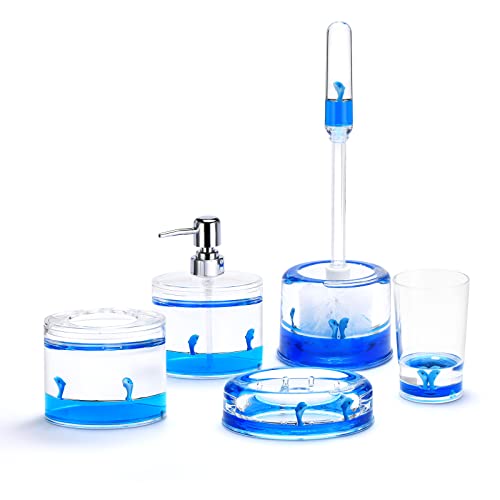 Locco Decor 5 Piece Acrylic Liquid 3D Floating Motion Bathroom Vanity Accessory Set Ocean Cartoon Animal Theme Dolphin Toothbrush Holder, Tumbler, Soap Dispenser, Soap Dish, Toiletbrush Holder Set - Image 1