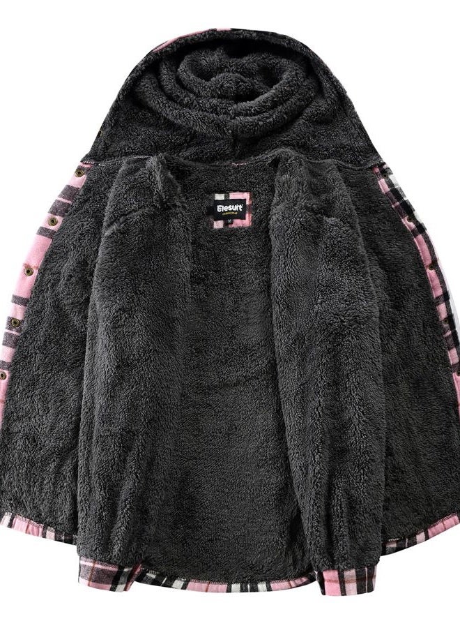Elesuit Women's Fleece Flannel Jacket Plaid Sherpa Lined Jacket Long Sleeve Button Down Hooded Jackets for Women, Black/Pink, M - Image 2