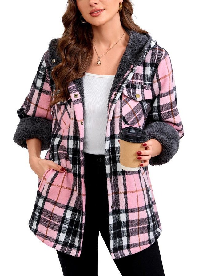 Elesuit Women's Fleece Flannel Jacket Plaid Sherpa Lined Jacket Long Sleeve Button Down Hooded Jackets for Women, Black/Pink, M - Image 3