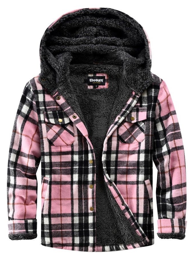 Elesuit Women's Fleece Flannel Jacket Plaid Sherpa Lined Jacket Long Sleeve Button Down Hooded Jackets for Women, Black/Pink, M - Image 1