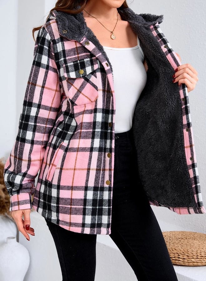 Elesuit Women's Fleece Flannel Jacket Plaid Sherpa Lined Jacket Long Sleeve Button Down Hooded Jackets for Women, Black/Pink, M - Image 4