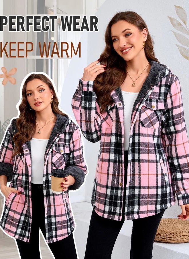 Elesuit Women's Fleece Flannel Jacket Plaid Sherpa Lined Jacket Long Sleeve Button Down Hooded Jackets for Women, Black/Pink, M - Image 5