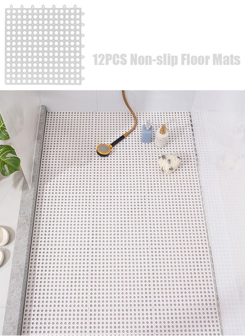 12PCS Drainage Interlocking Floor Mats 11.8”x11.8”Non-Slip Shower Bathroom Pool Tiles for Flooring Soft TPE Splicing Modular Interlocking Cushion Mat for Drain Pool Kennel Poultry Floor Grid (White)