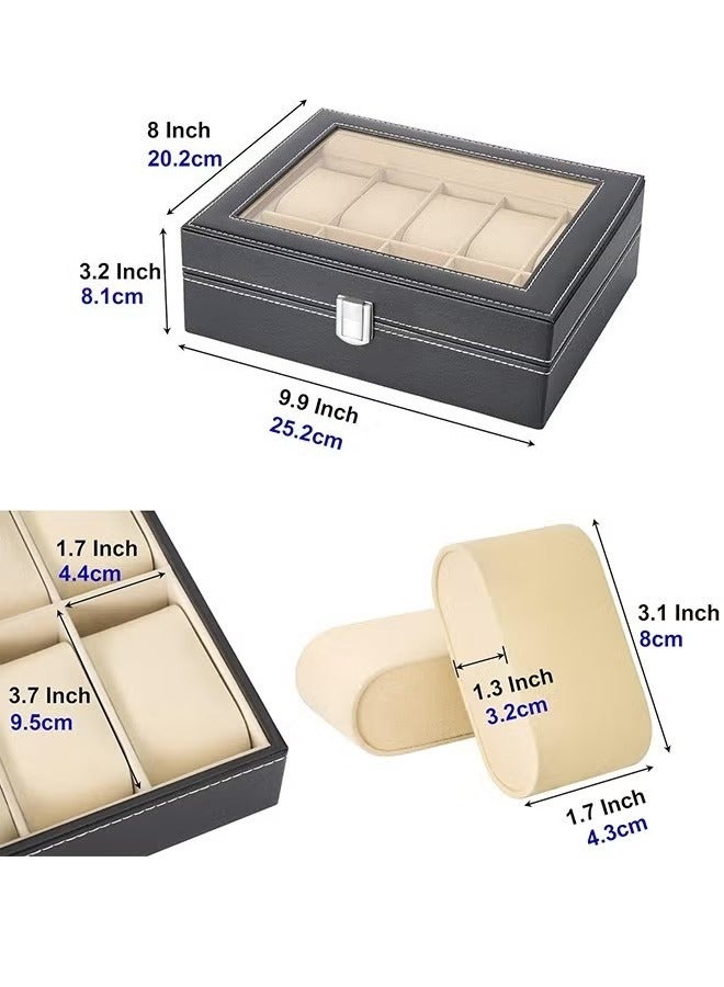 هياس صندوق عرض للساعات مصنوع من الجلد ويحتوي على 12 فتحة – منظم للساعات مصنوع من الجلد الصناعي مع غطاء زجاجي كريستالي ووسائد ناعمة – تخزين فاخر للرجال والنساء. - Image 3