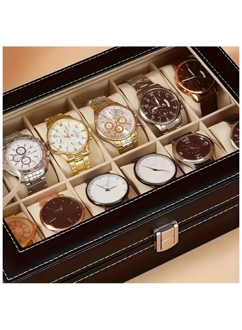 هياس صندوق عرض للساعات مصنوع من الجلد ويحتوي على 12 فتحة – منظم للساعات مصنوع من الجلد الصناعي مع غطاء زجاجي كريستالي ووسائد ناعمة – تخزين فاخر للرجال والنساء. - Image 4