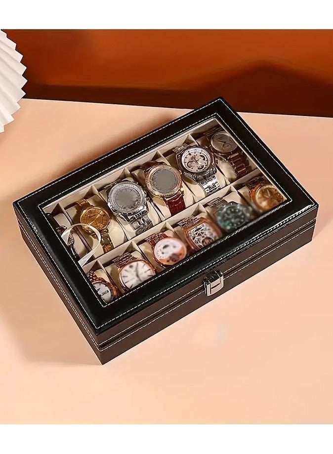 هياس صندوق عرض للساعات مصنوع من الجلد ويحتوي على 12 فتحة – منظم للساعات مصنوع من الجلد الصناعي مع غطاء زجاجي كريستالي ووسائد ناعمة – تخزين فاخر للرجال والنساء. - Image 1