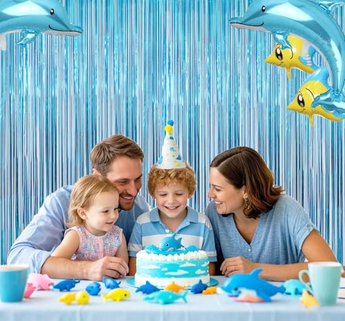 Vanujoy 2PC Teal Blue Streamers Party Decorations,Turquoise Tinsel Foil Fringe Backdrop for Birthday Party Decorations,Blue Door Streamers for Frozen Under The Sea Ocean Bachelorette Decorations - Image 3