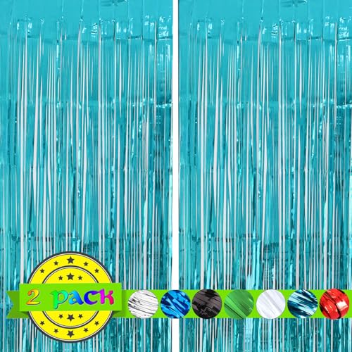 Vanujoy 2PC Teal Blue Streamers Party Decorations,Turquoise Tinsel Foil Fringe Backdrop for Birthday Party Decorations,Blue Door Streamers for Frozen Under The Sea Ocean Bachelorette Decorations - Image 1
