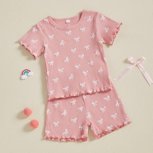 ZAXARRA Toddler Girl Bow Ribbed Outfit Ruffle Short Sleeve T-shirt Shorts 2 Piece Spring Summer Cute Casual Clothes Set (Pink2, 12-18 Months) - Image 3