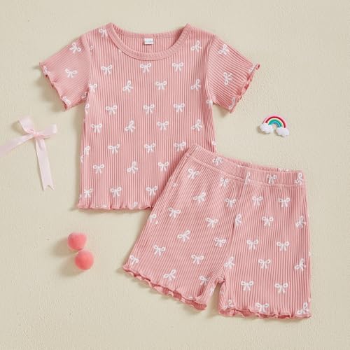 ZAXARRA Toddler Girl Bow Ribbed Outfit Ruffle Short Sleeve T-shirt Shorts 2 Piece Spring Summer Cute Casual Clothes Set (Pink2, 12-18 Months) - Image 2