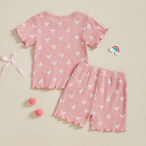 ZAXARRA Toddler Girl Bow Ribbed Outfit Ruffle Short Sleeve T-shirt Shorts 2 Piece Spring Summer Cute Casual Clothes Set (Pink2, 12-18 Months) - Image 4