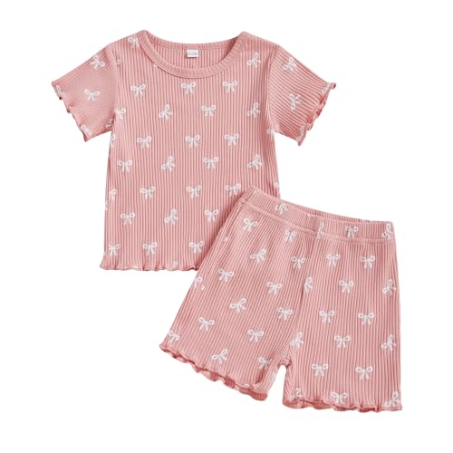 ZAXARRA Toddler Girl Bow Ribbed Outfit Ruffle Short Sleeve T-shirt Shorts 2 Piece Spring Summer Cute Casual Clothes Set (Pink2, 12-18 Months) - Image 1