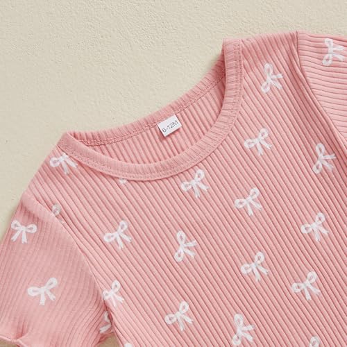 ZAXARRA Toddler Girl Bow Ribbed Outfit Ruffle Short Sleeve T-shirt Shorts 2 Piece Spring Summer Cute Casual Clothes Set (Pink2, 12-18 Months) - Image 5