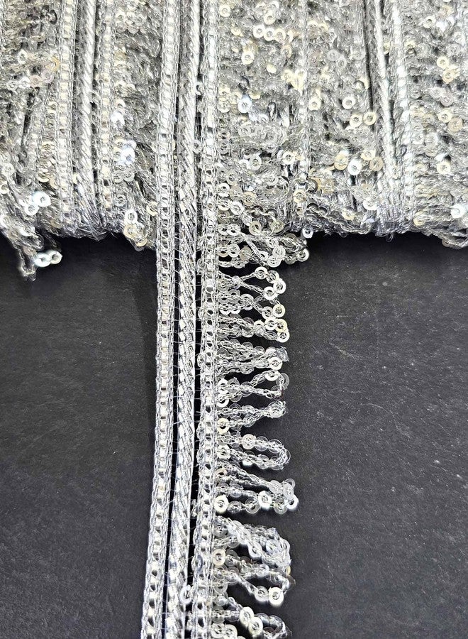 Mezin 1.25 inch RIMZIM Siquance Fringes Tassel Decorative Lace Ribbon Festival Bridal Dupatta Lehenga, Saree, Anarkali, Indian Sari Border (Silver) - Image 1