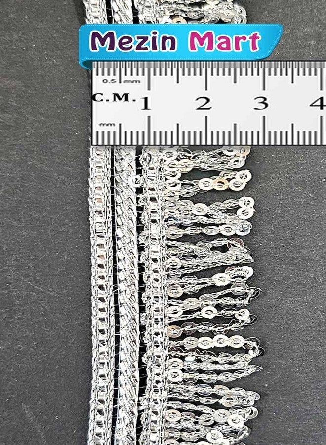 Mezin 1.25 inch RIMZIM Siquance Fringes Tassel Decorative Lace Ribbon Festival Bridal Dupatta Lehenga, Saree, Anarkali, Indian Sari Border (Silver) - Image 4