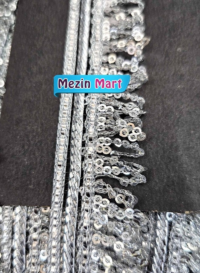 Mezin 1.25 inch RIMZIM Siquance Fringes Tassel Decorative Lace Ribbon Festival Bridal Dupatta Lehenga, Saree, Anarkali, Indian Sari Border (Silver) - Image 2