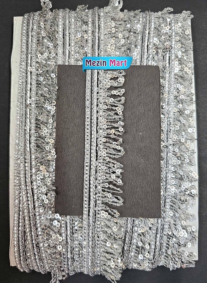 Mezin 1.25 inch RIMZIM Siquance Fringes Tassel Decorative Lace Ribbon Festival Bridal Dupatta Lehenga, Saree, Anarkali, Indian Sari Border (Silver) - Image 3