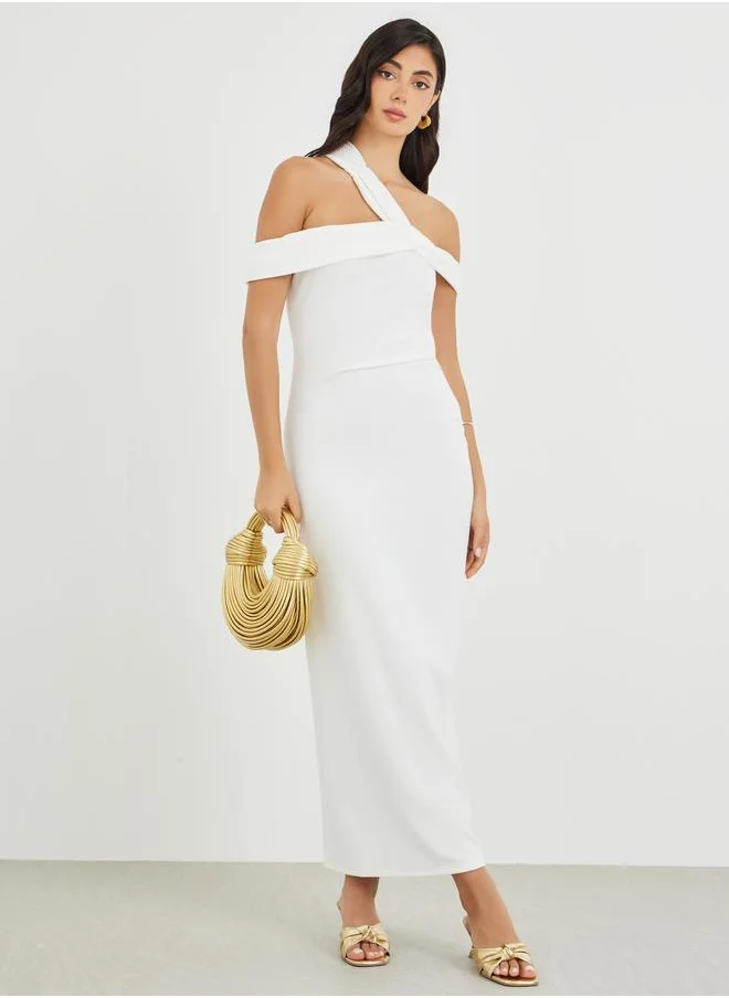 ستايلي Styli Solid Asymmetric Neckline Bodycon Maxi Dress