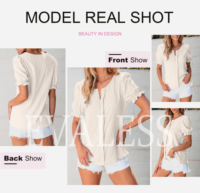EVALESS Womens Tops Spring Fashion Clothes 2025 Blouses for Women Dressy Casual Holiday Outfits for Work Professional Cute Puff Sleeve Tops Western Short Shirts White Ladies Tops and Blouses, Medium - Image 5