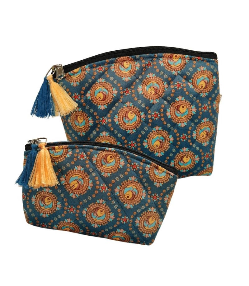 MaatirDesigns Premium Velvet Waterproof Cosmetic Pouch Quilted Pattern Blue Floral Design Spacious Interior - Image 1