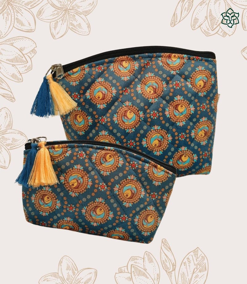 MaatirDesigns Premium Velvet Waterproof Cosmetic Pouch Quilted Pattern Blue Floral Design Spacious Interior - Image 2