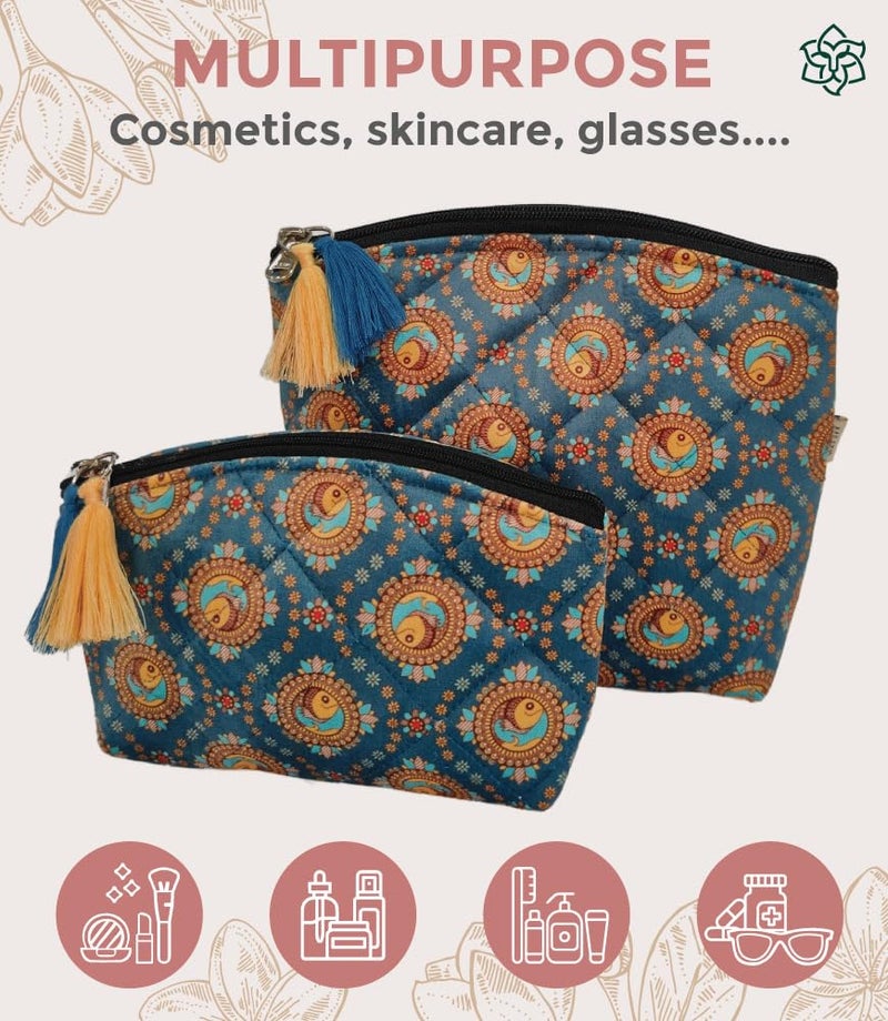 MaatirDesigns Premium Velvet Waterproof Cosmetic Pouch Quilted Pattern Blue Floral Design Spacious Interior - Image 4