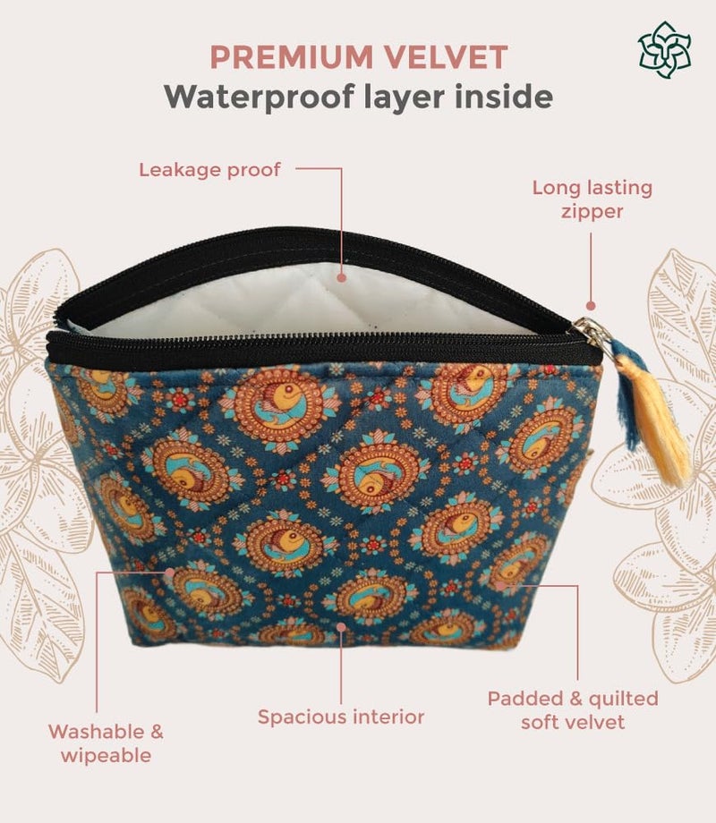 MaatirDesigns Premium Velvet Waterproof Cosmetic Pouch Quilted Pattern Blue Floral Design Spacious Interior - Image 5