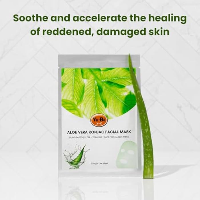 yu be Yu-Be Facial Mask: Revitalizing Aloe Vera | Plant-Based Konjac Sheet Mask Soothes, Plumps, & Hydrates Face | Reduces Appearance of Scars, Dark Spots, & Wrinkles | Boosts Skin Elasticity - 3 sheets - Image 2
