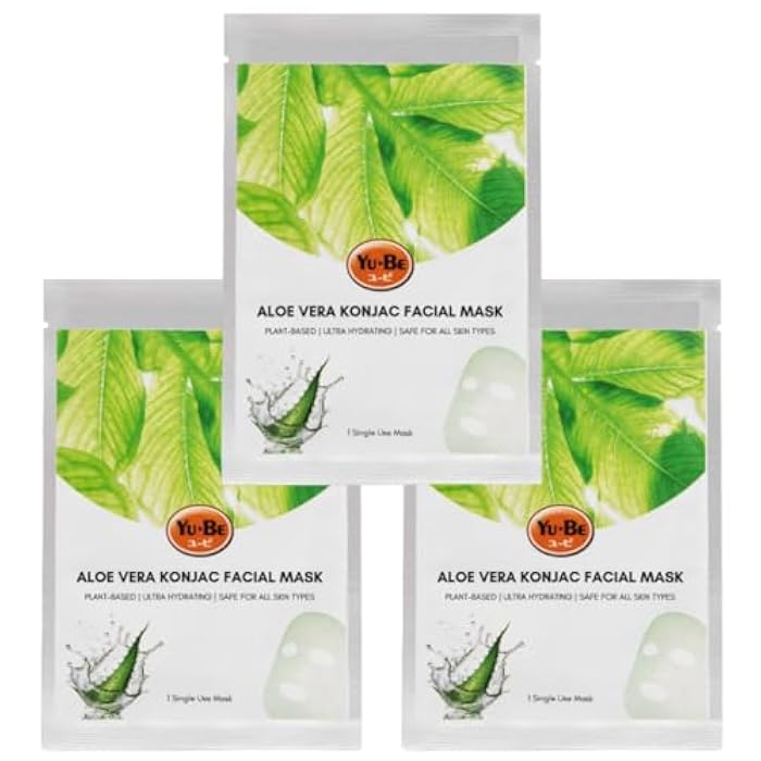 yu be Yu-Be Facial Mask: Revitalizing Aloe Vera | Plant-Based Konjac Sheet Mask Soothes, Plumps, & Hydrates Face | Reduces Appearance of Scars, Dark Spots, & Wrinkles | Boosts Skin Elasticity - 3 sheets - Image 1
