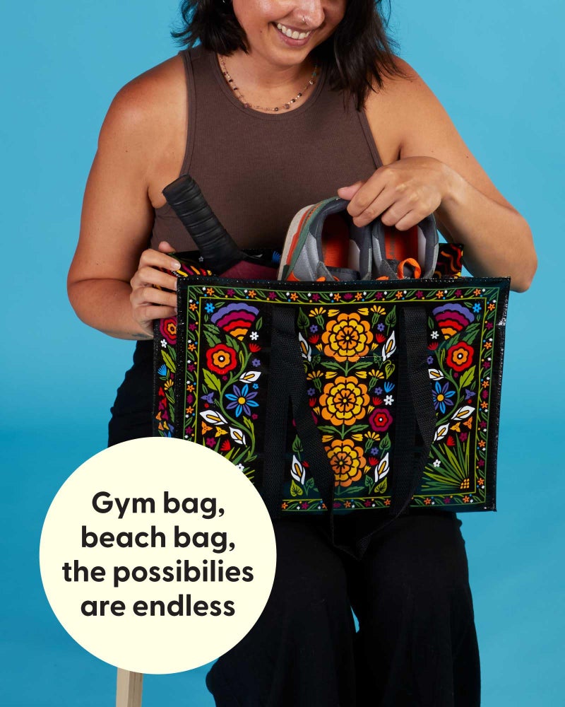 Blue Q Reusable Shoulder Tote Bag - Flower Fest - Carry Everywhere Bag with a Hefty Zipper, Exterior Pocket & Reinforced Floor, Easy to Clean, Spacious, Durable, & Fun Design, 95% Recycled Material - Image 5