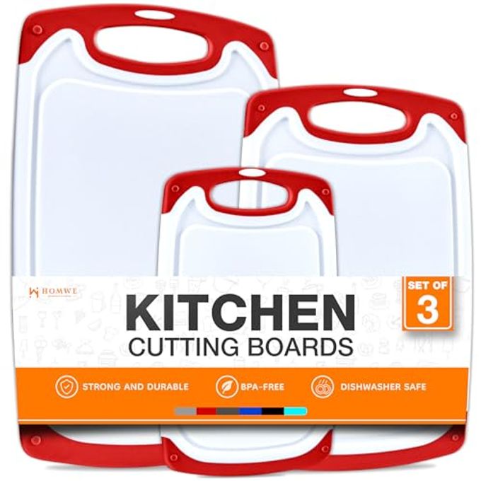 Cutting Boards for Kitchen - BPA-Free Chopping Board - Different Sizes & Non Slip Handles - Reversible, Large Cutting Board Set - Unique Gifts for Cooks Who Have Everything - 3-Pack Red