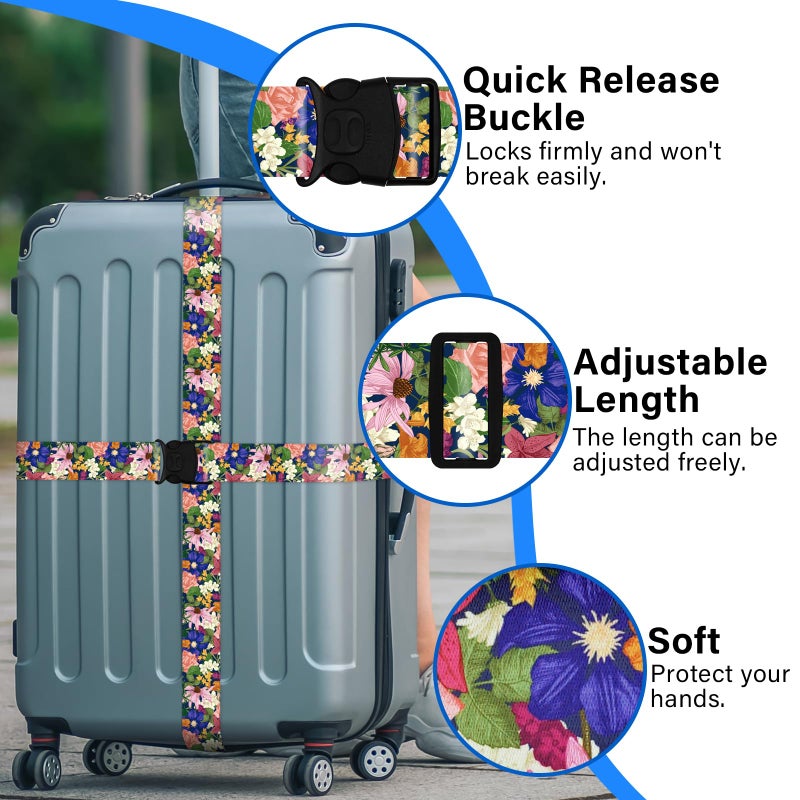 ZHOMA 2 Pack Luggage Straps for Suitcases, Adjustable Travel Belt with Double Lock and Quick Release Buckle, Heavy Duty Nylon Bag Packing Strap, Bright Identifiers Business Travel Accessories-Flower Garden - Image 4