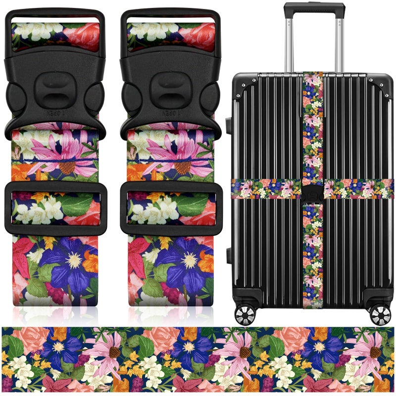 ZHOMA 2 Pack Luggage Straps for Suitcases, Adjustable Travel Belt with Double Lock and Quick Release Buckle, Heavy Duty Nylon Bag Packing Strap, Bright Identifiers Business Travel Accessories-Flower Garden - Image 1
